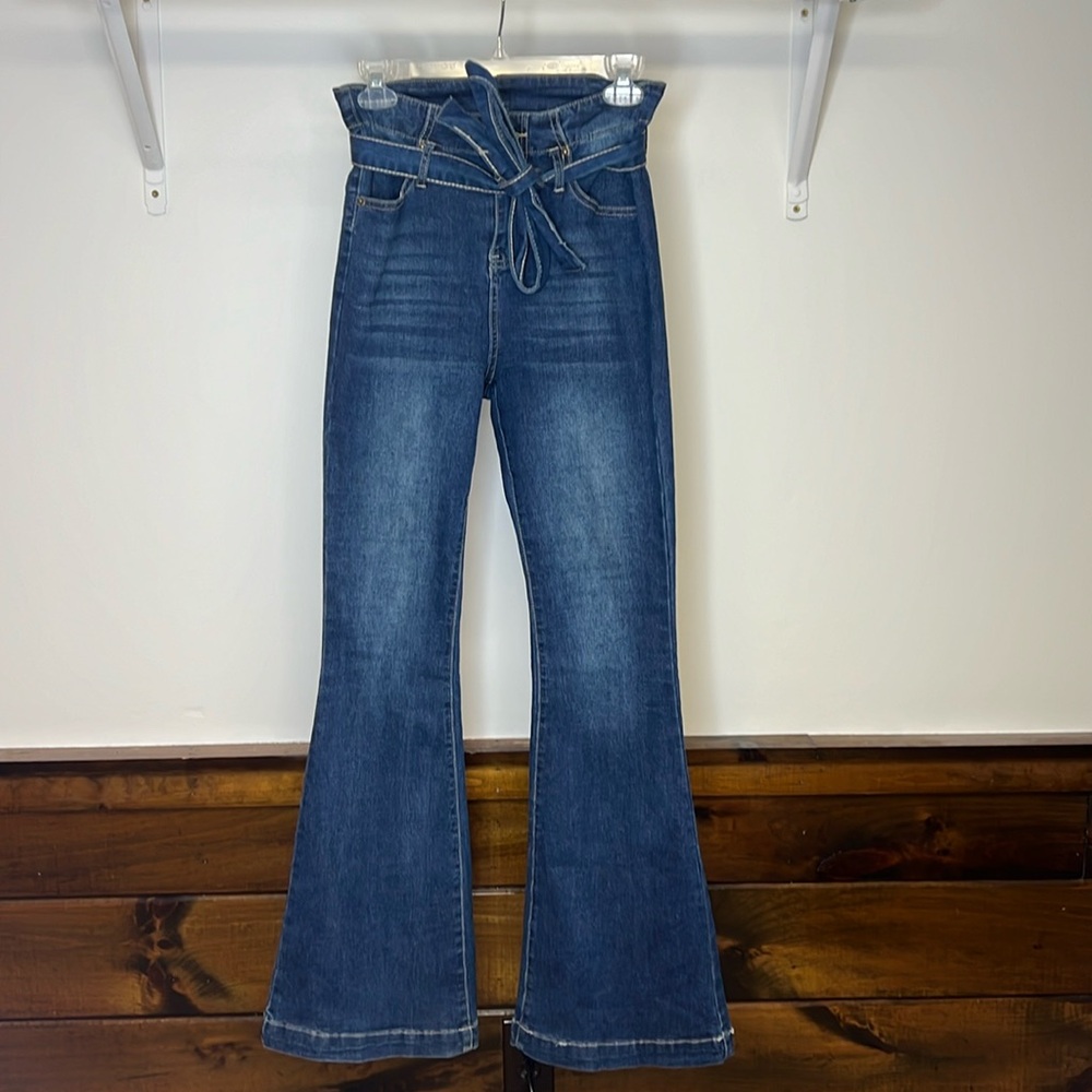 Amazon Women's High-Waist Paperbag Flare Jeans - Dark Blue